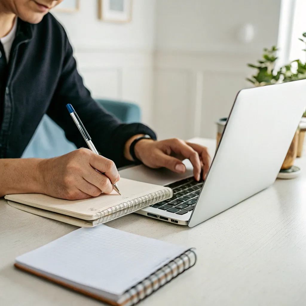 Person writing on a notepad with a laptop